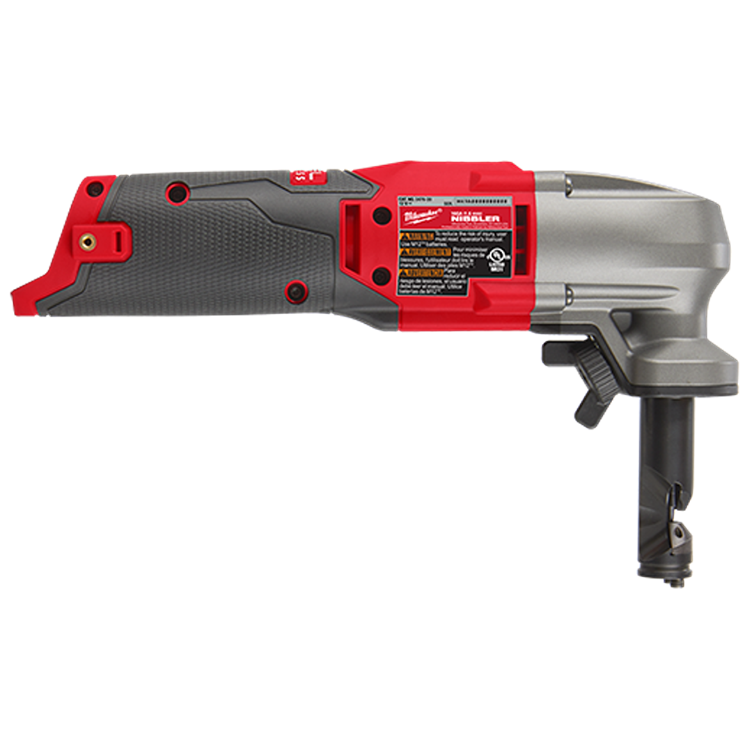 Red and gray variable speed 16-gauge metal nibbler tool designed for precise sheet metal cutting in home improvement projects