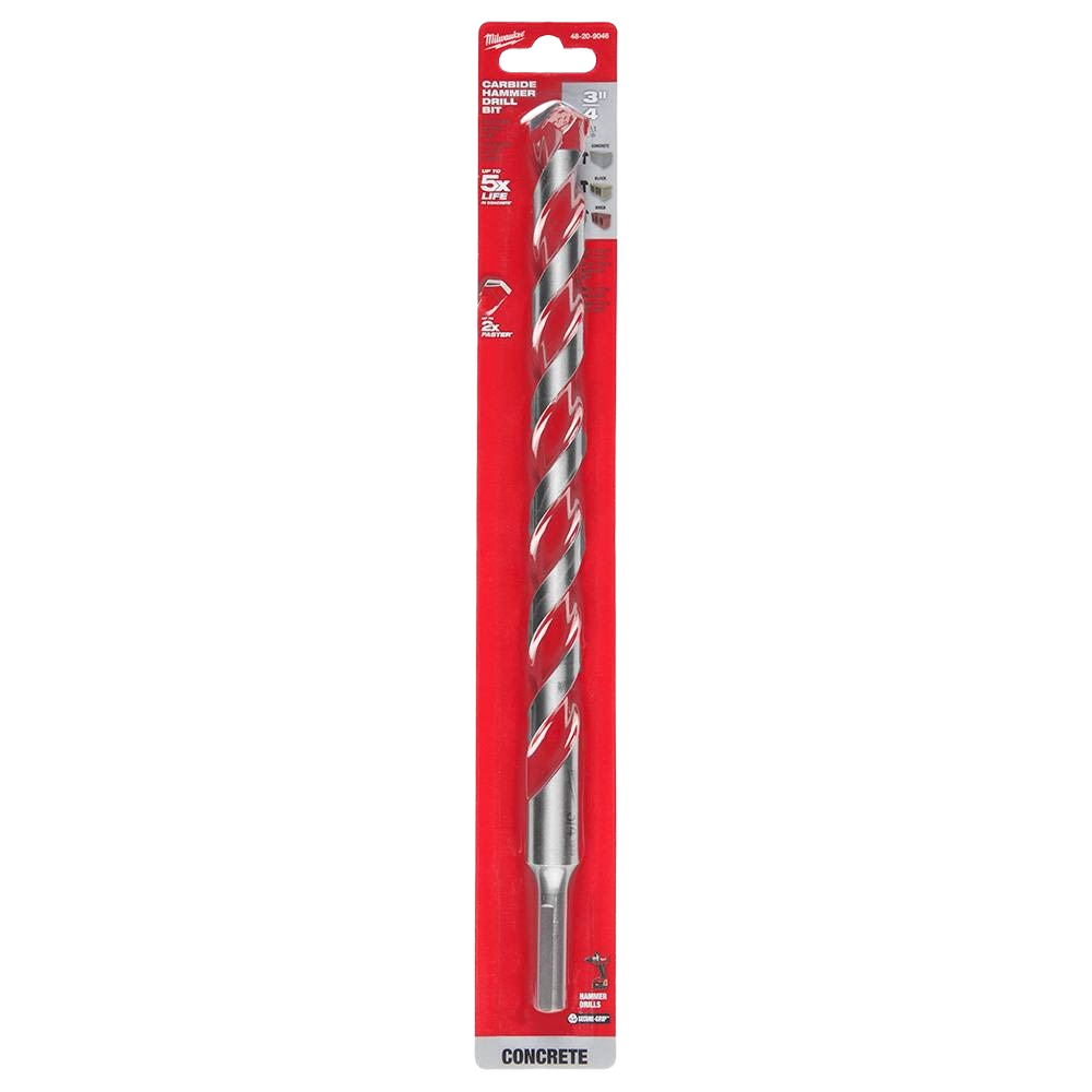 Long carbide-tipped hammer drill bit in red Milwaukee packaging for concrete drilling in tool and power tool accessories collections