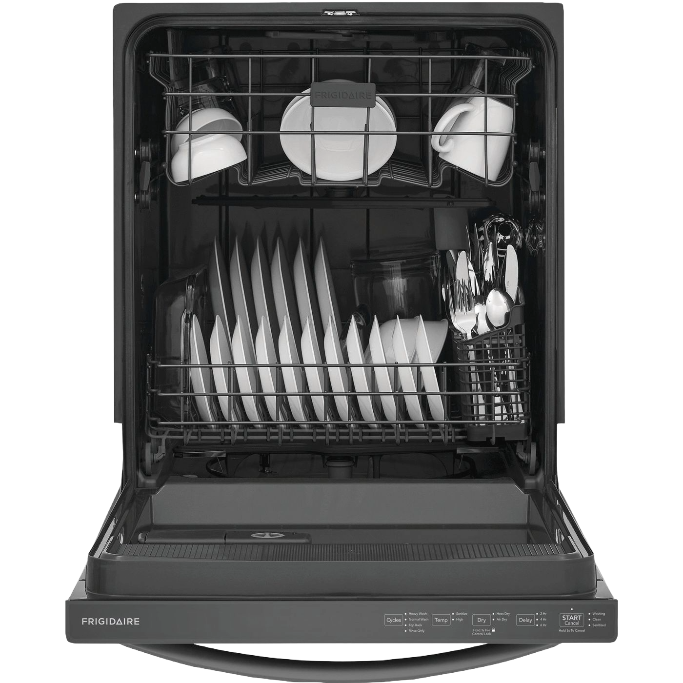 Open black built-in dishwasher loaded with white dishes, cups, and silverware in kitchen appliance setting