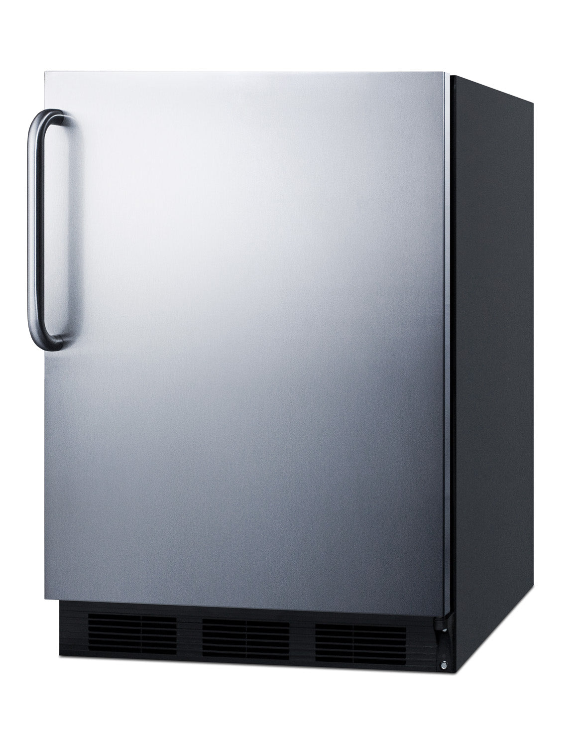 Compact stainless steel undercounter refrigerator-freezer with side handle for kitchen and appliance use in home improvement collections