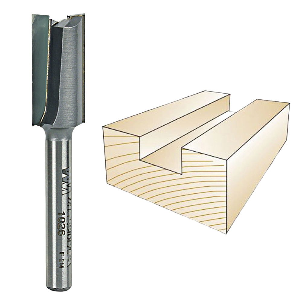 Straight router bit for woodworking with 1/4-inch shank, suitable for grooves, dados, and joint making in home improvement.