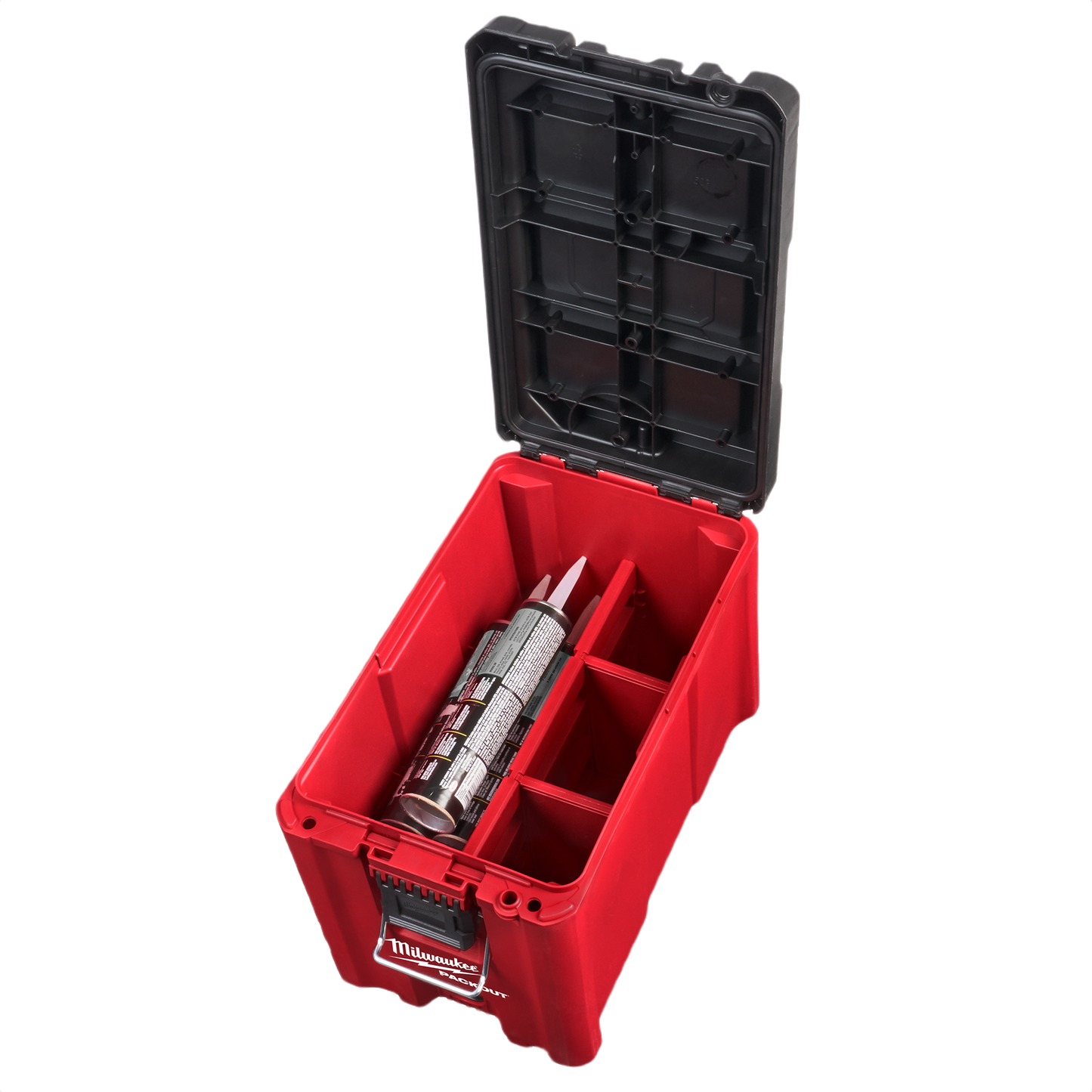 Red and black compact storage box with divided compartments for organized tool and accessory storage on jobsites