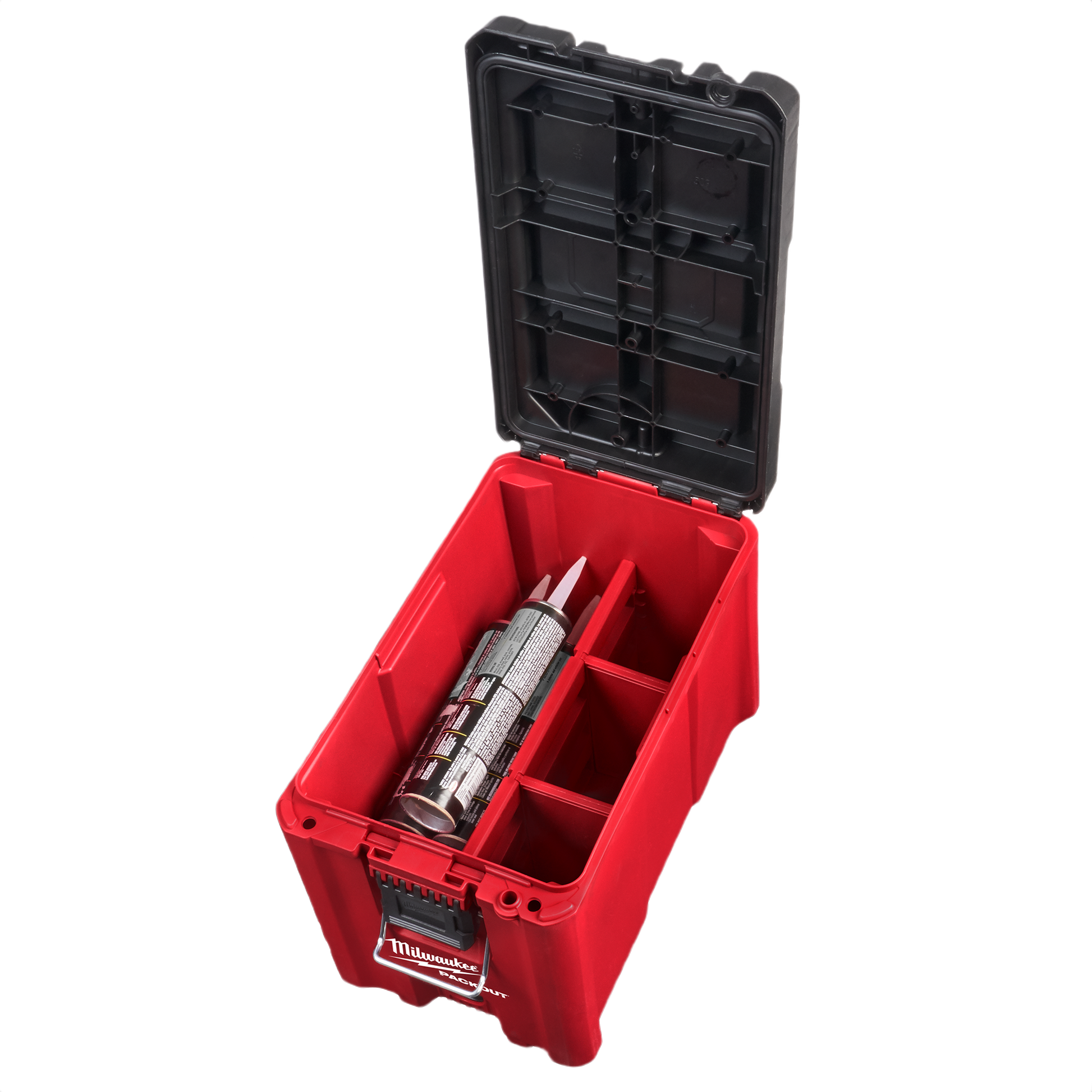 Red and black compact storage box with divided compartments for organized tool and accessory storage on jobsites