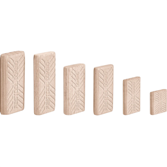 Light brown beech wood domino tenons for woodworking projects in Festool accessories and power tool collections
