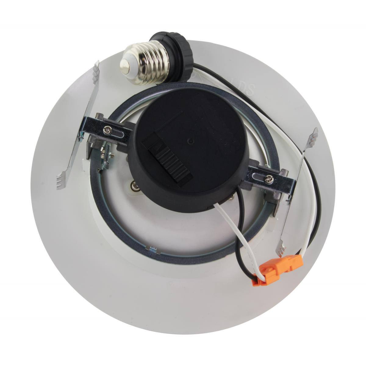 White trim retrofit downlight with wiring, mounting brackets, and socket adapter for residential and commercial lighting projects