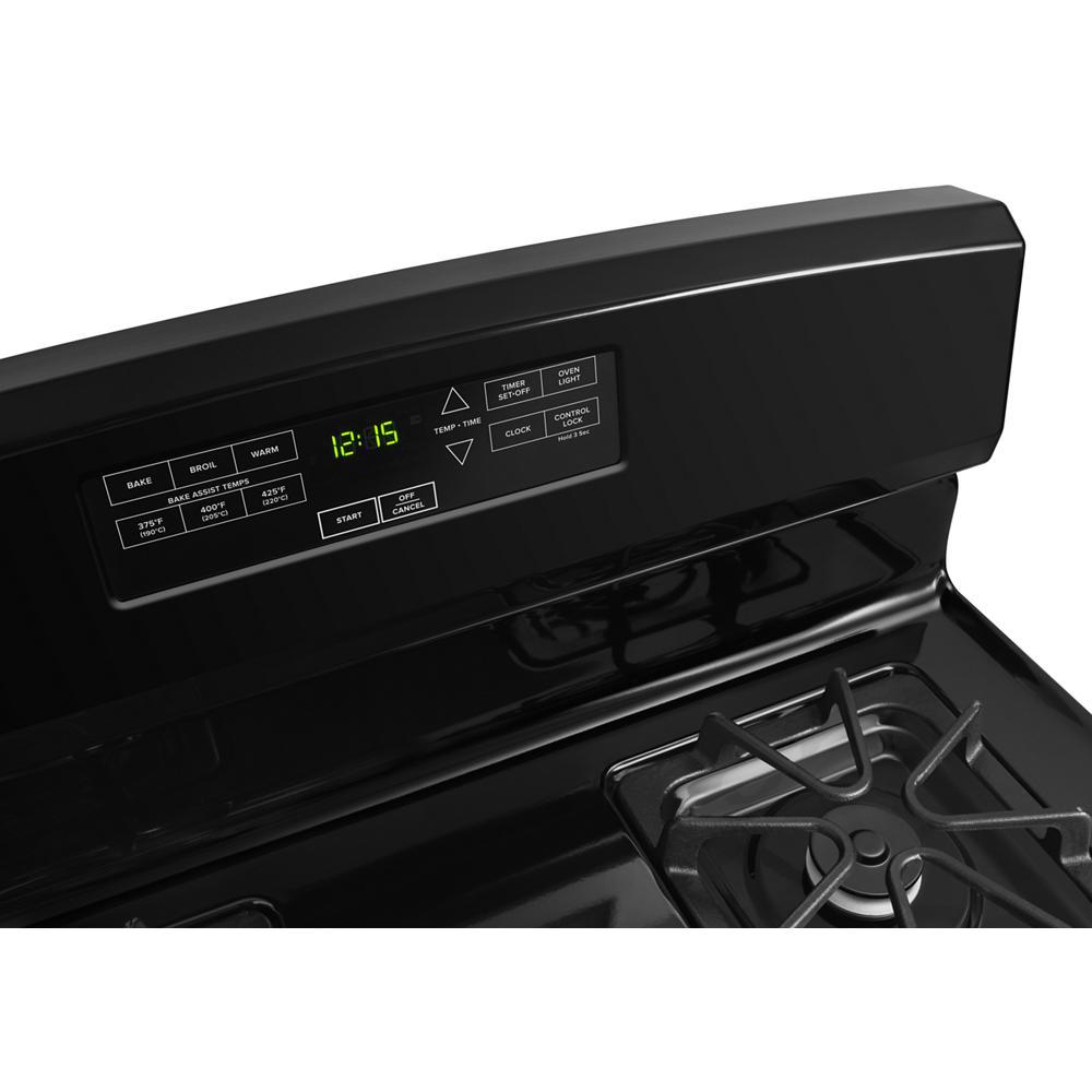Black gas range control panel with digital clock and cooking preset buttons from Ranges & Kitchenware collections