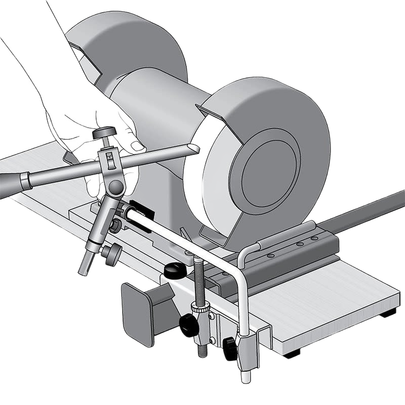 Metal converter bracket attached to sharpening wheel with adjustable arms for precise tool sharpening in home improvement tasks