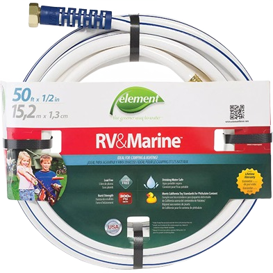 White 50-foot drinking water safe hose with blue stripes and brass fittings for RV and marine use