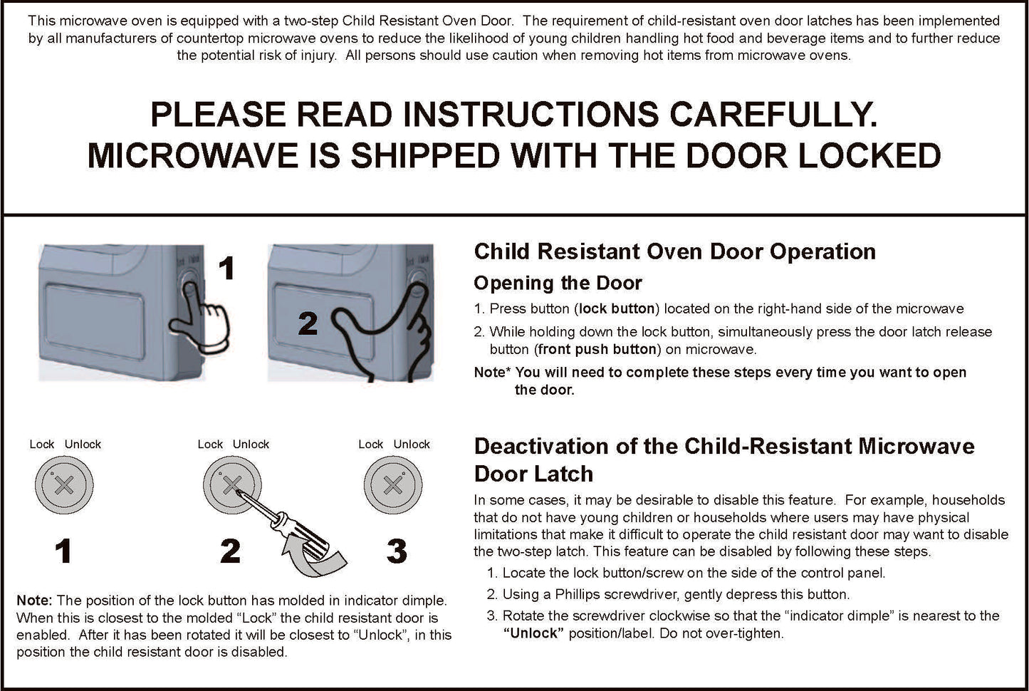 Instruction sheet showing steps to operate and deactivate child-resistant door lock on microwave oven with labeled illustrations.