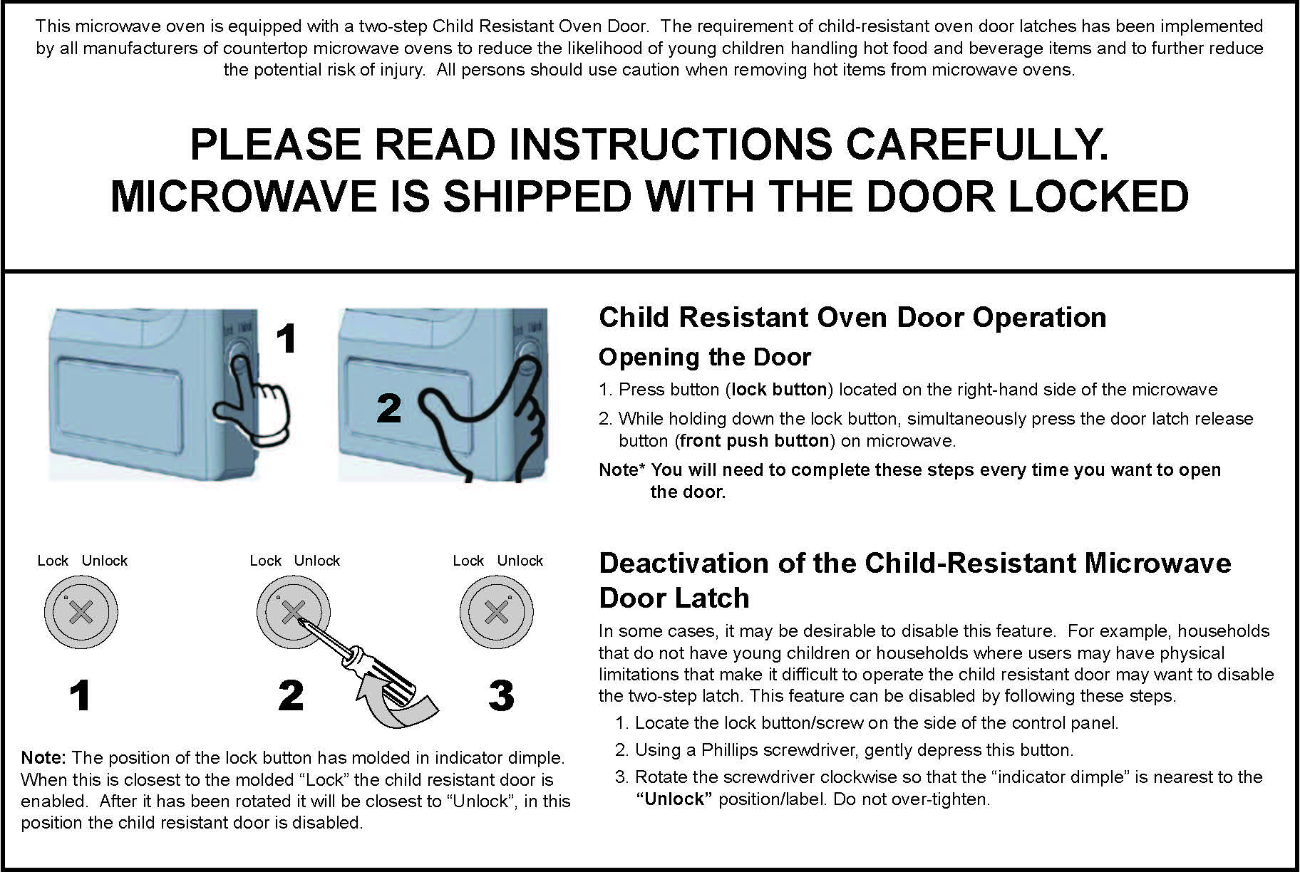 Instruction sheet showing steps to operate and deactivate child-resistant door lock on microwave oven with labeled illustrations.