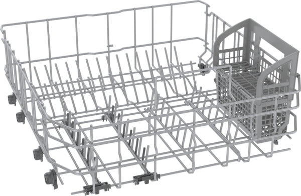 White adjustable lower dishwasher rack with utensil holder designed for efficient loading in Bosch appliances collection
