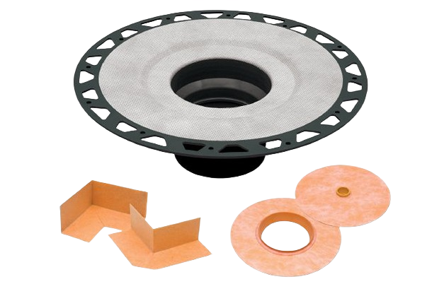 Black and gray ABS drain flange kit with waterproof membrane and orange sealing components for home improvement projects