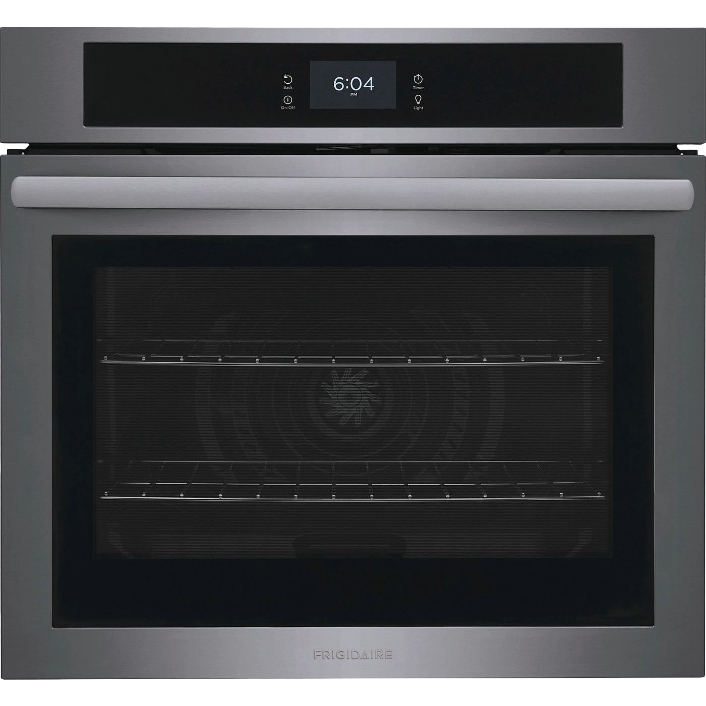 Stainless steel single electric wall oven with fan convection and digital touch control panel in kitchen appliances collection