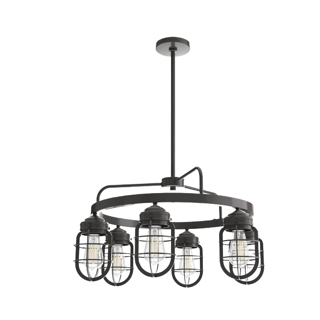 Rustic bronze six-light chandelier with caged industrial-style shades for farmhouse and bathroom lighting decor