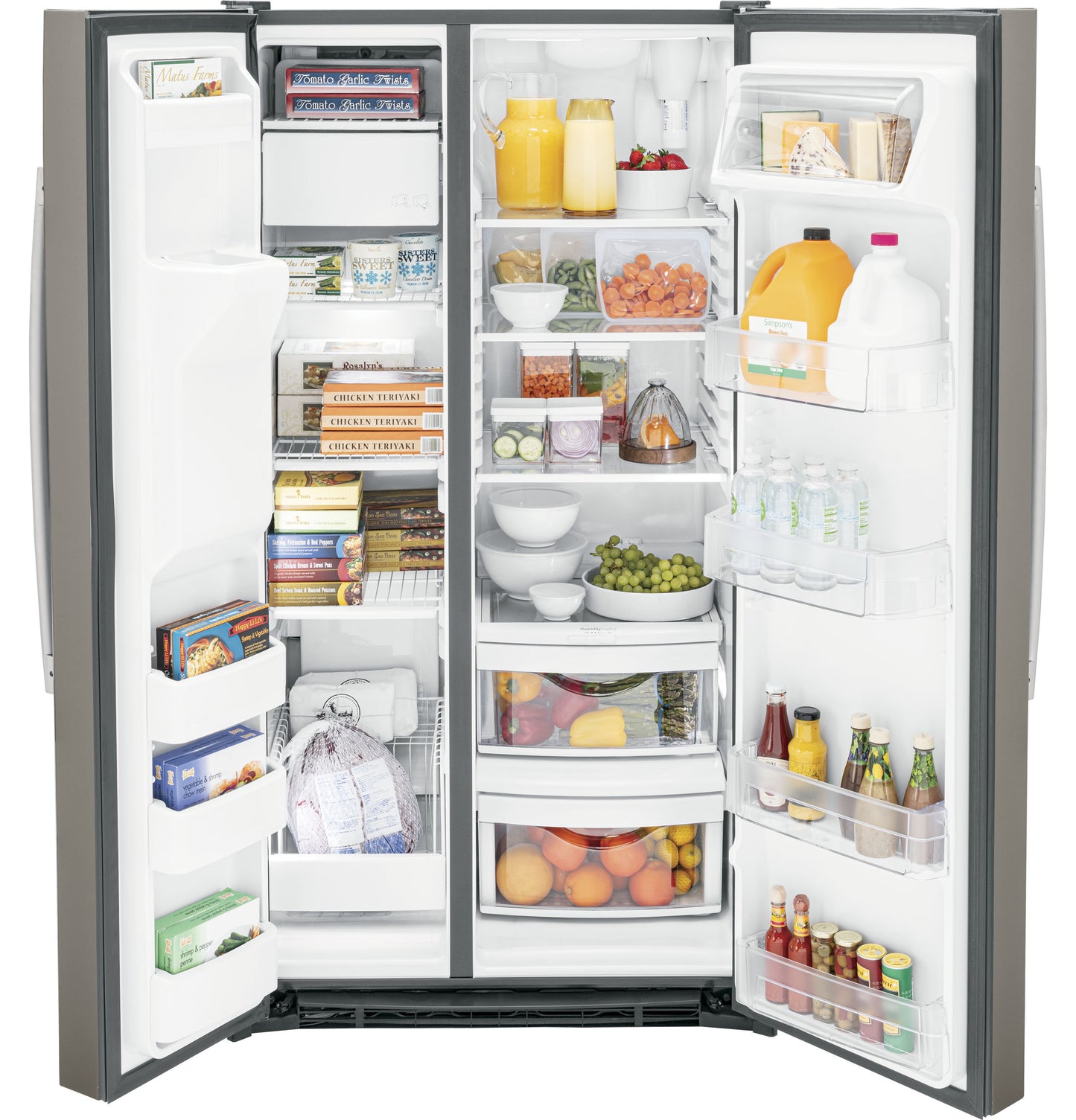 Open side-by-side refrigerator filled with beverages, fresh produce, and packaged food from kitchen appliances collection