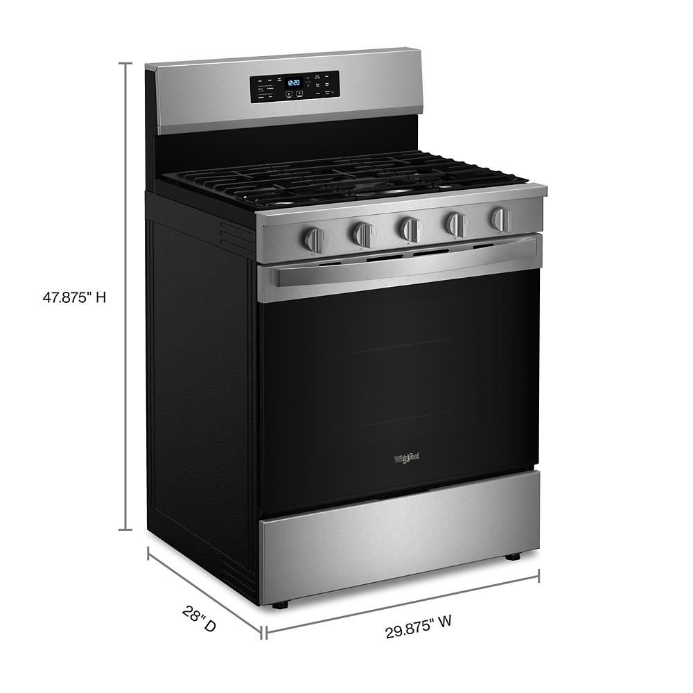 Stainless steel 30-inch gas range with five control knobs, digital display, and black oven door in kitchen appliances collection