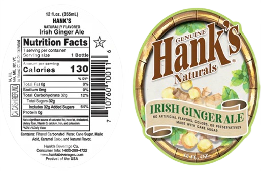 Front and back views of a glass bottle label for Hanks Irish Ginger Ale in drinks and food under $50 collections