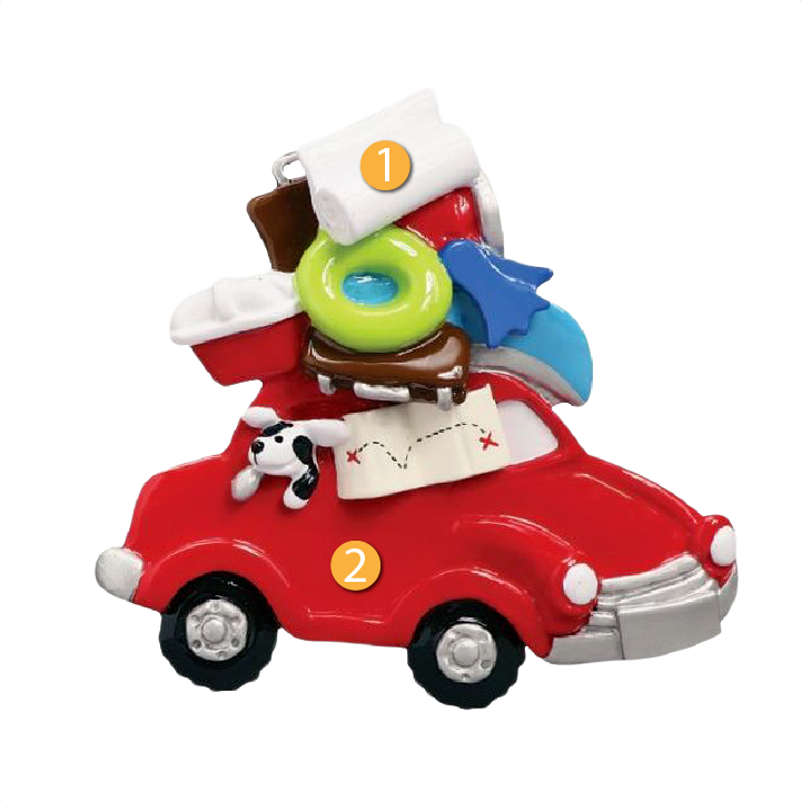 Red car ornament loaded with travel gear and a small dog for Christmas Ornaments & Tree Decorations under $50 collection
