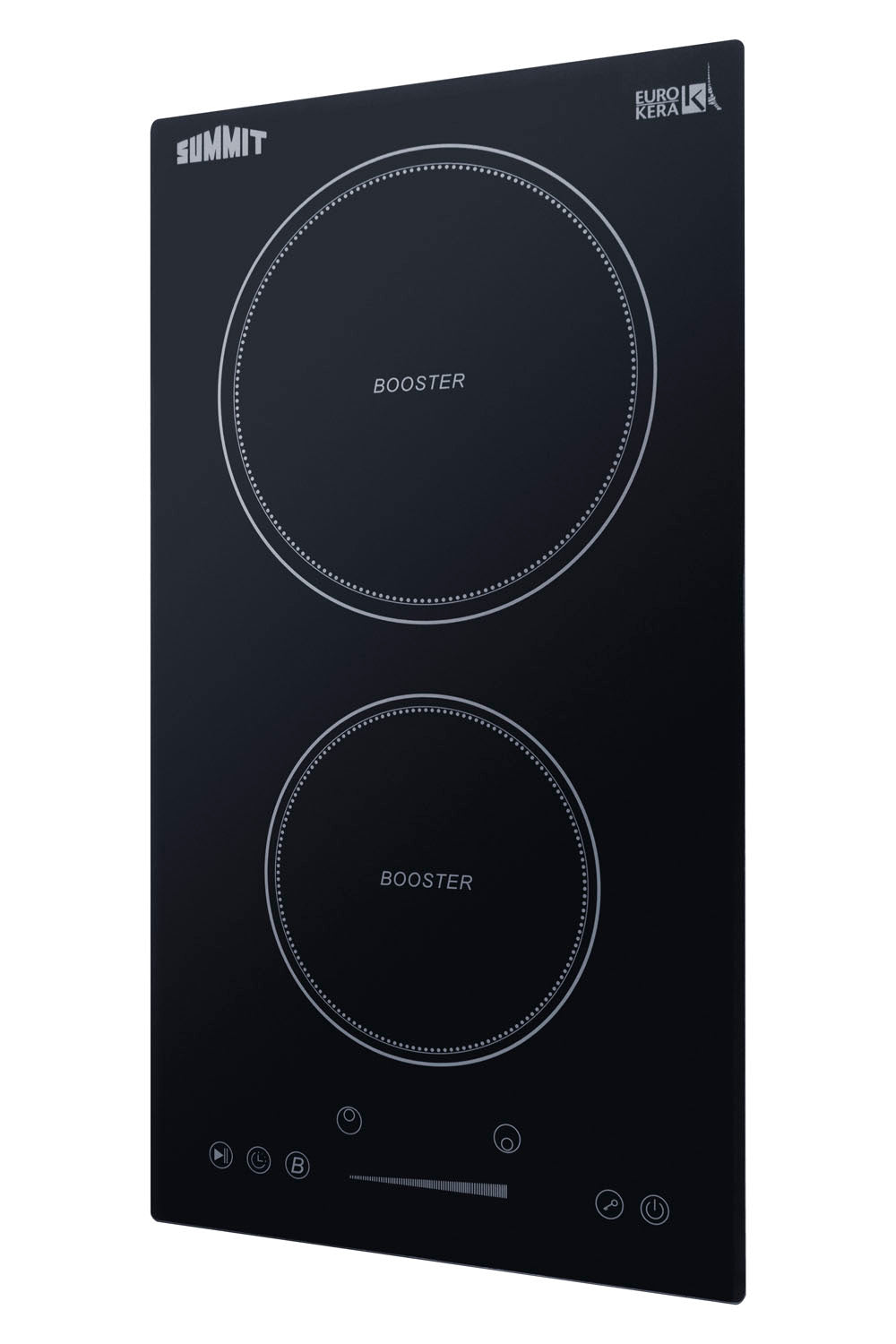Black glass two-zone induction cooktop with touch controls for energy-efficient kitchen cooking appliances.