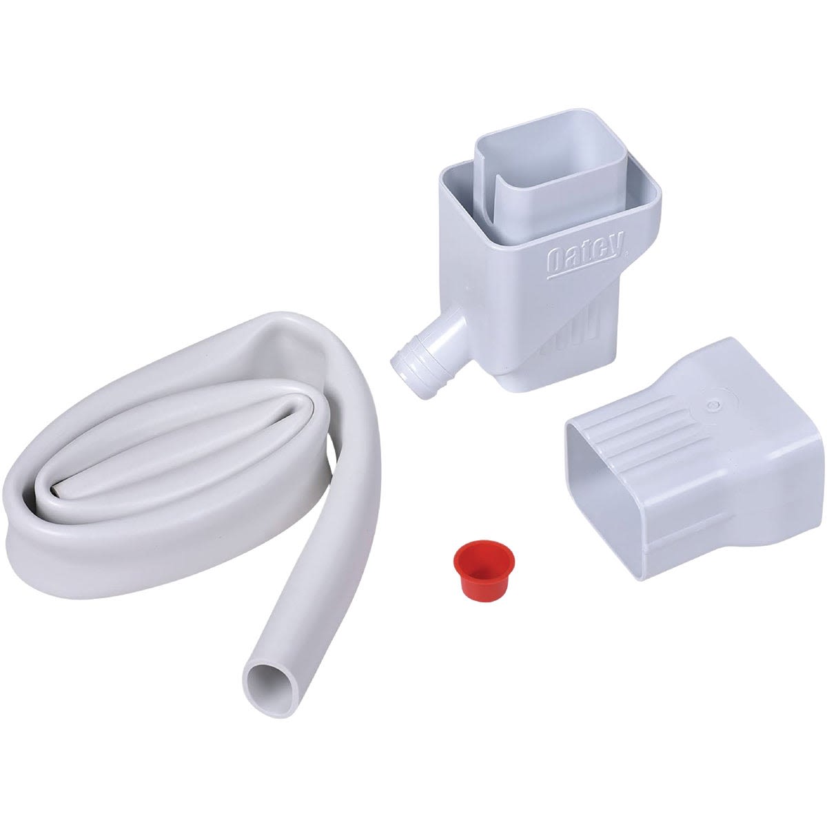 White plastic rainwater system components including a flexible hose and connector pieces for home improvement projects