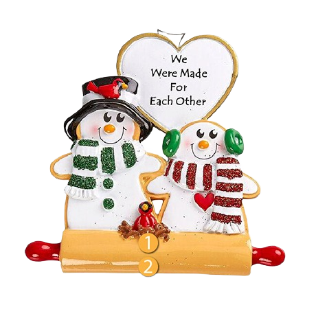 Snowman couple cookie ornament with green and red scarves and a heart-shaped message for Christmas tree decor