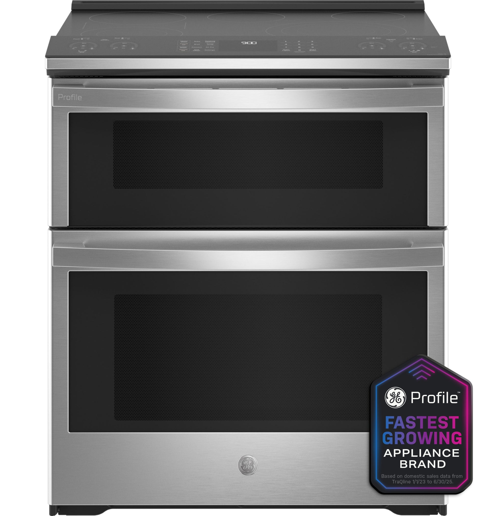 Stainless steel smart electric double oven range with digital touch controls in kitchen appliances collection