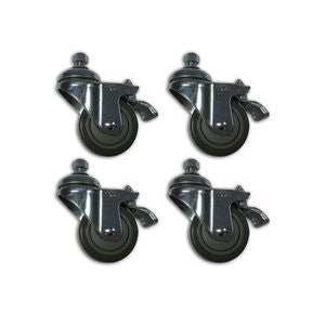 Set of four industrial caster wheels with metal frames and locking levers for tools and home improvement projects