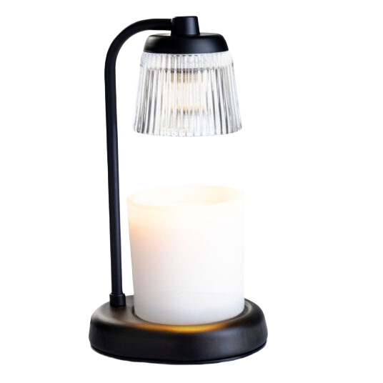 Black fluted glass candle warmer lamp with sleek stand, ideal for safe candle heating in home improvement settings