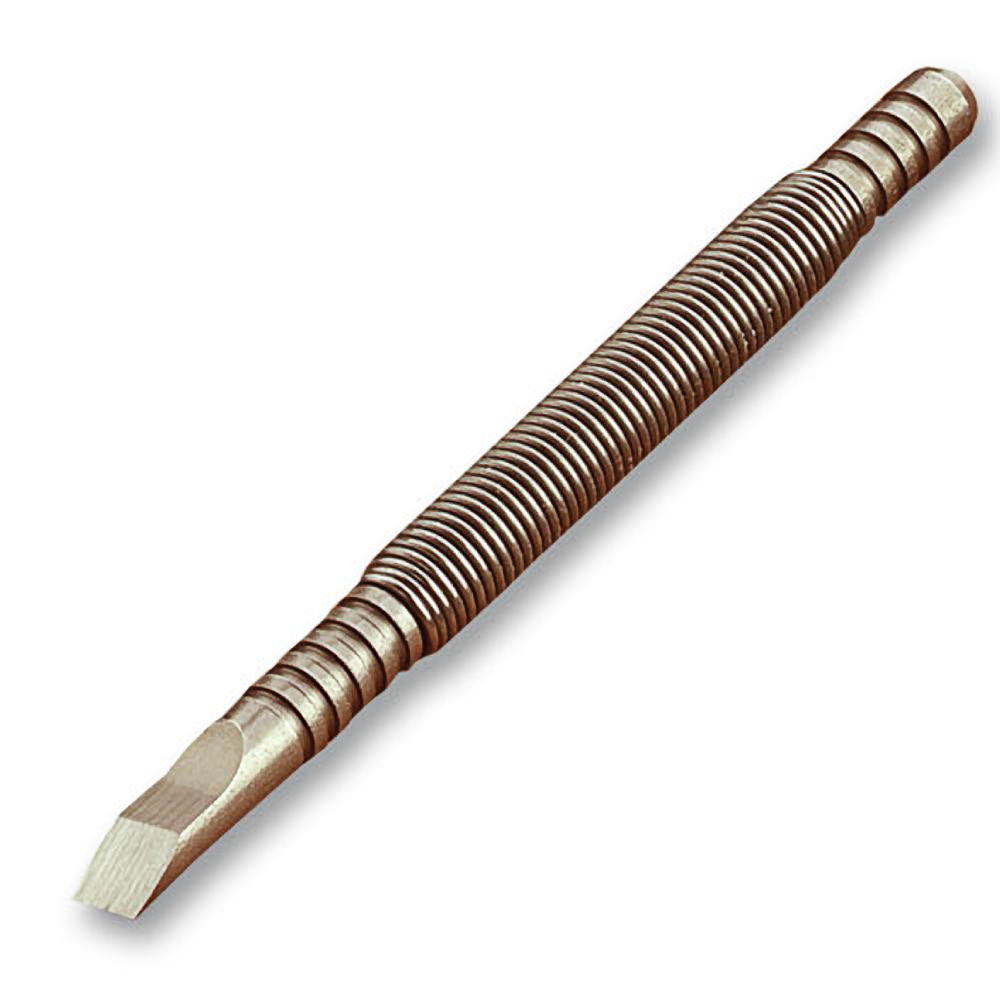 Metal wood chisel with grooved handle for improved grip, designed for precise woodworking and home improvement tasks