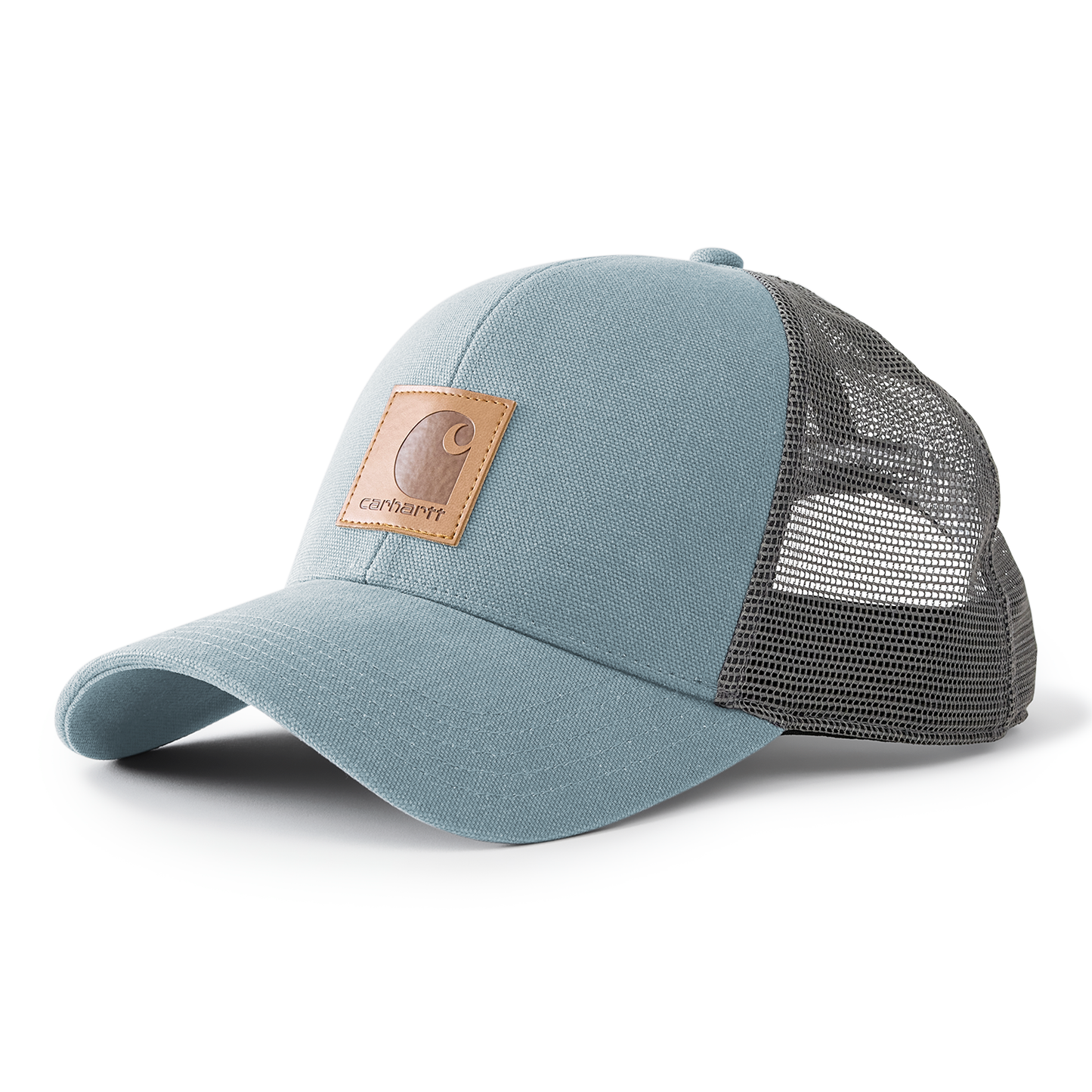 Light blue washed duck fabric cap with structured front panels and grey mesh back for breathability, featuring a leather brand patch on front, part of men's accessories and new arrivals collections.