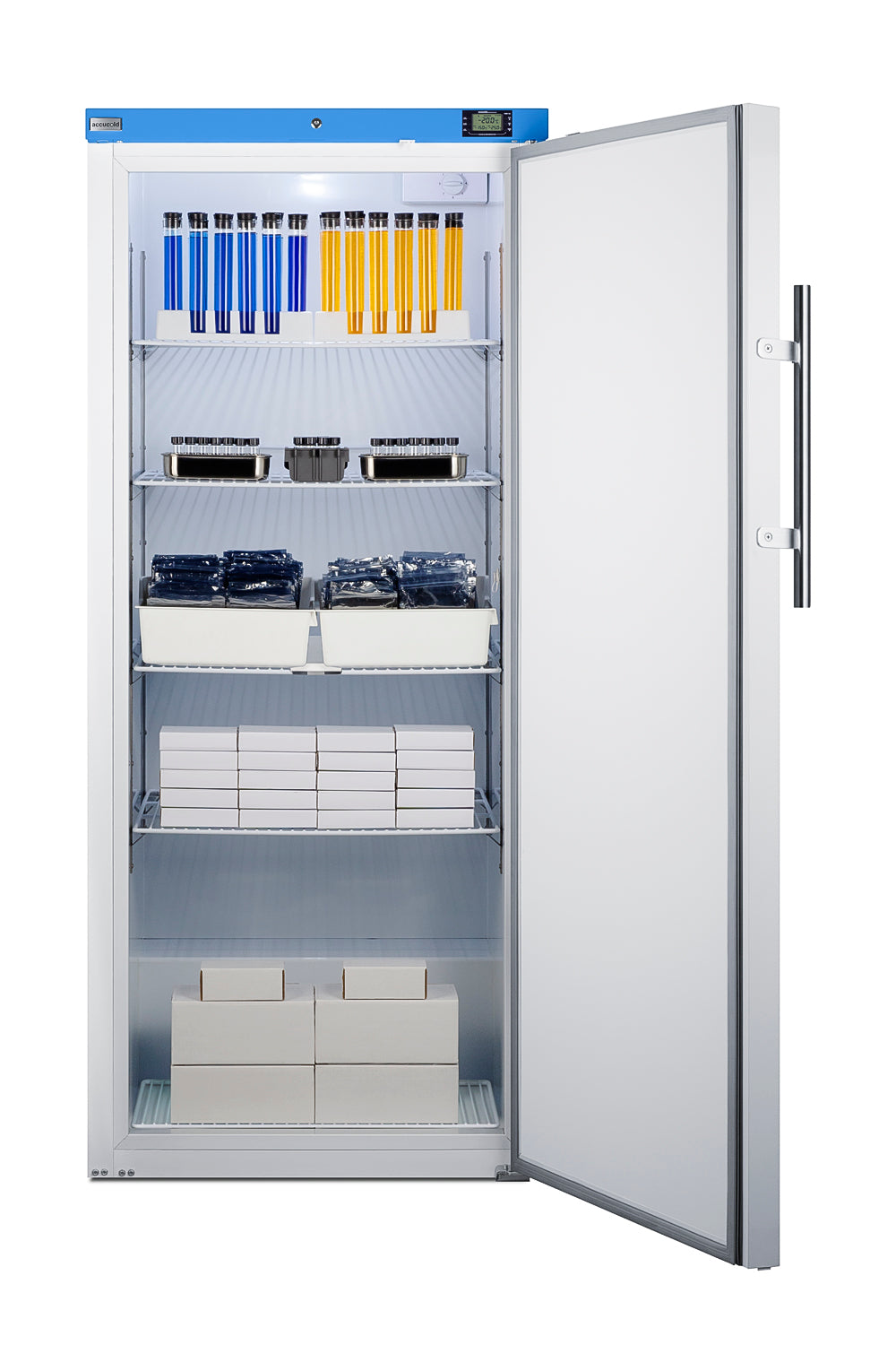 Open laboratory freezer with blue and yellow sample tubes and storage boxes on metal wire shelves