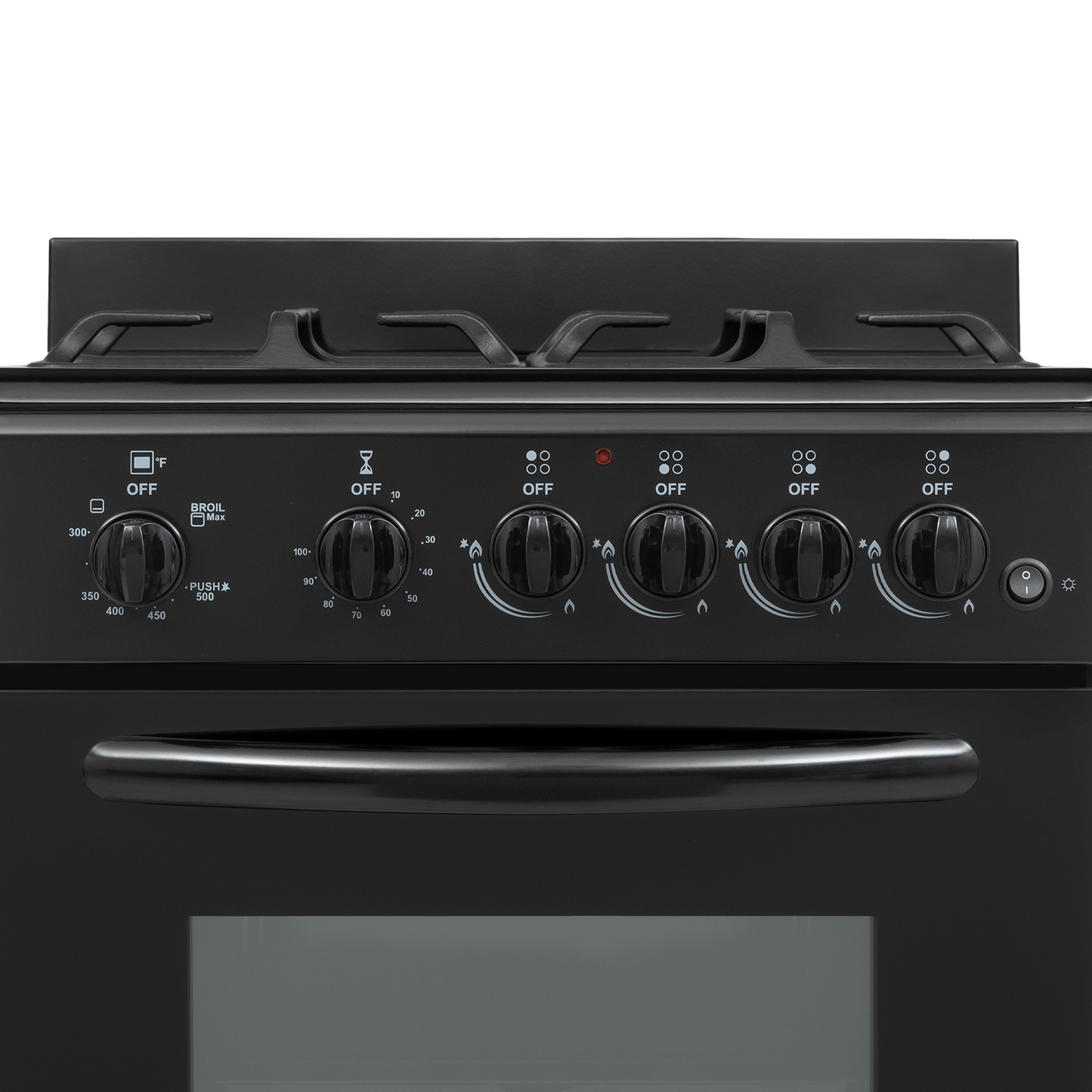 Close-up of black gas range control panel with five knobs and oven door handle for kitchen appliances and home improvement