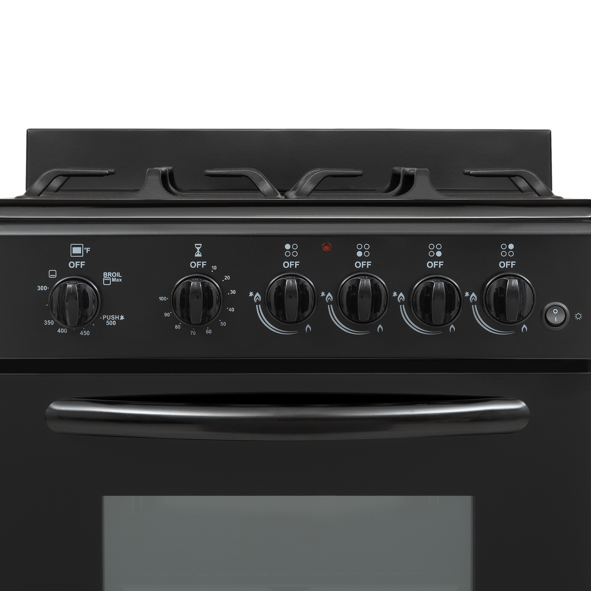 Close-up of black gas range control panel with five knobs and oven door handle for kitchen appliances and home improvement