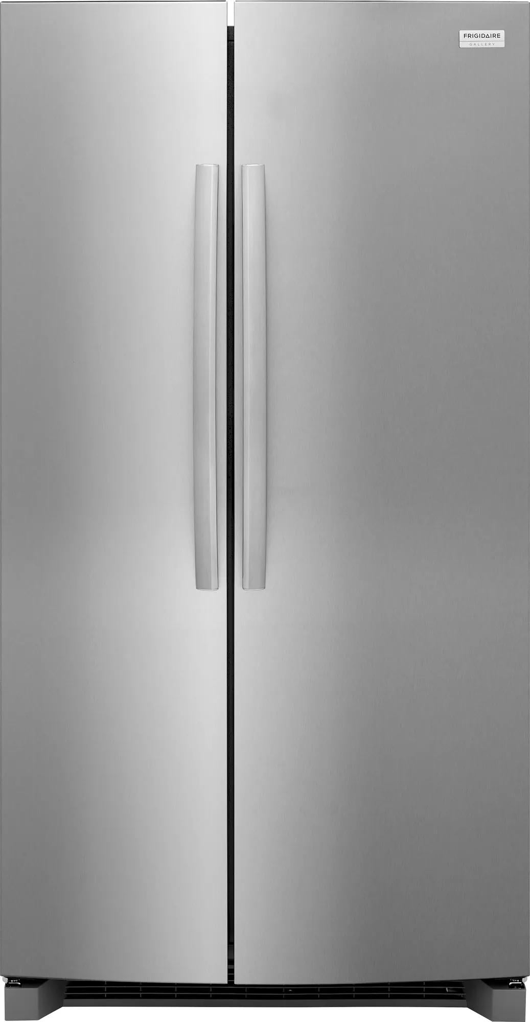 Stainless steel side-by-side refrigerator with sleek handles, minimalist design, and spacious interior from Appliances collection