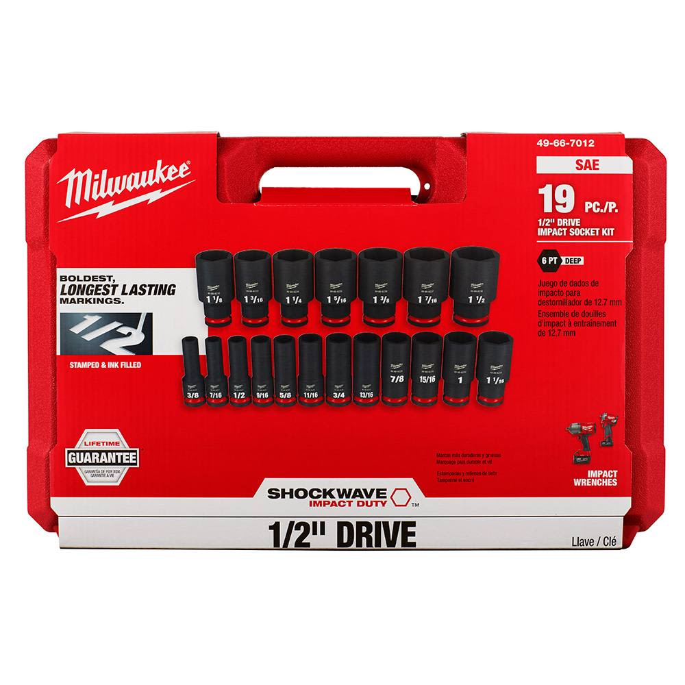 Set of 19 1/2" drive deep 6-point impact sockets in red case for hand tools and home improvement use