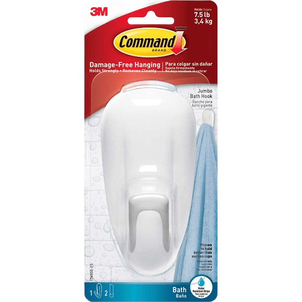 White jumbo bath hook designed for damage-free hanging in bathrooms, part of 3M hardware fasteners under $50