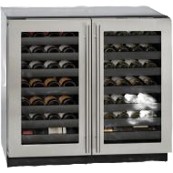 Stainless steel dual-door wine chiller with digital controls and wood shelving for kitchen and appliance collections