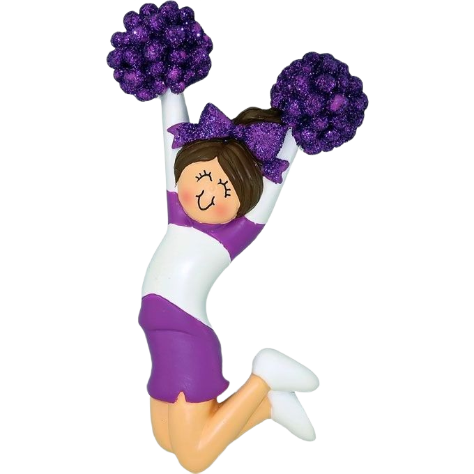 Brunette female cheerleader figurine jumping with glittery purple pom-poms in Christmas Ornaments & Tree Decorations collection