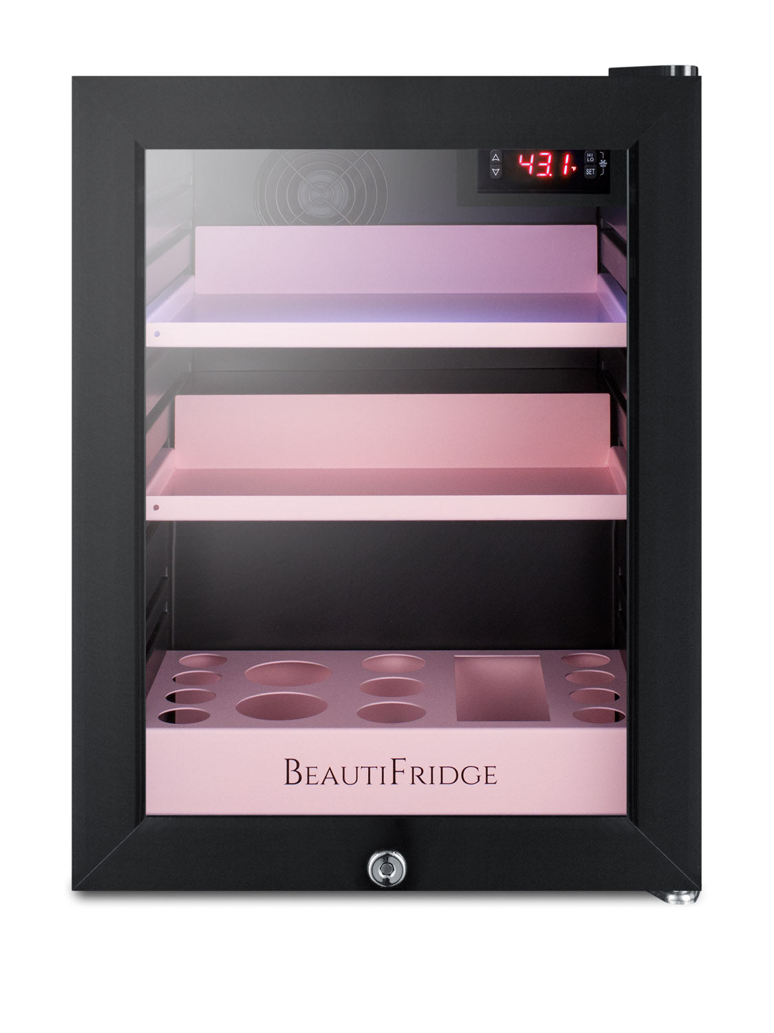 Compact black cosmetics cooler with pink interior shelves and digital temperature display from Refrigerators collection