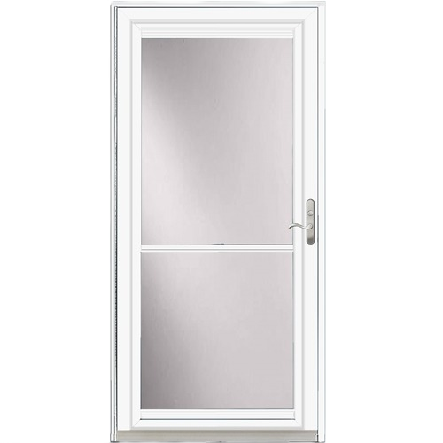 White storm door with glass panel and screen vent designed for home improvement and exterior door projects