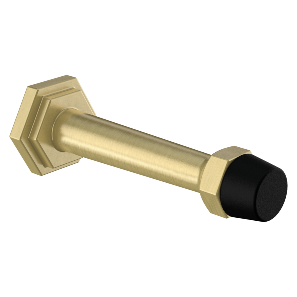 Brushed gold 3-inch door stop with black rubber tip for wall protection in door accessories and home improvement collections