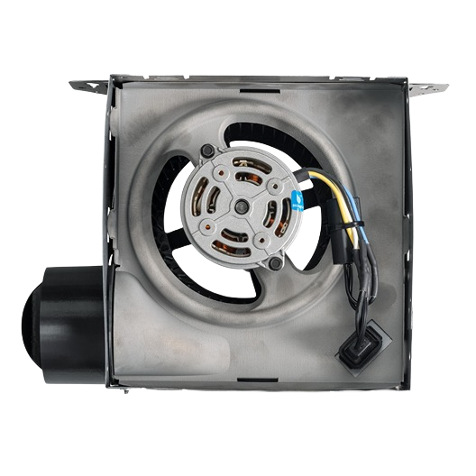Metal housing with circular motor and attached wiring of Boran 50CFM bath exhaust fan for home ventilation use