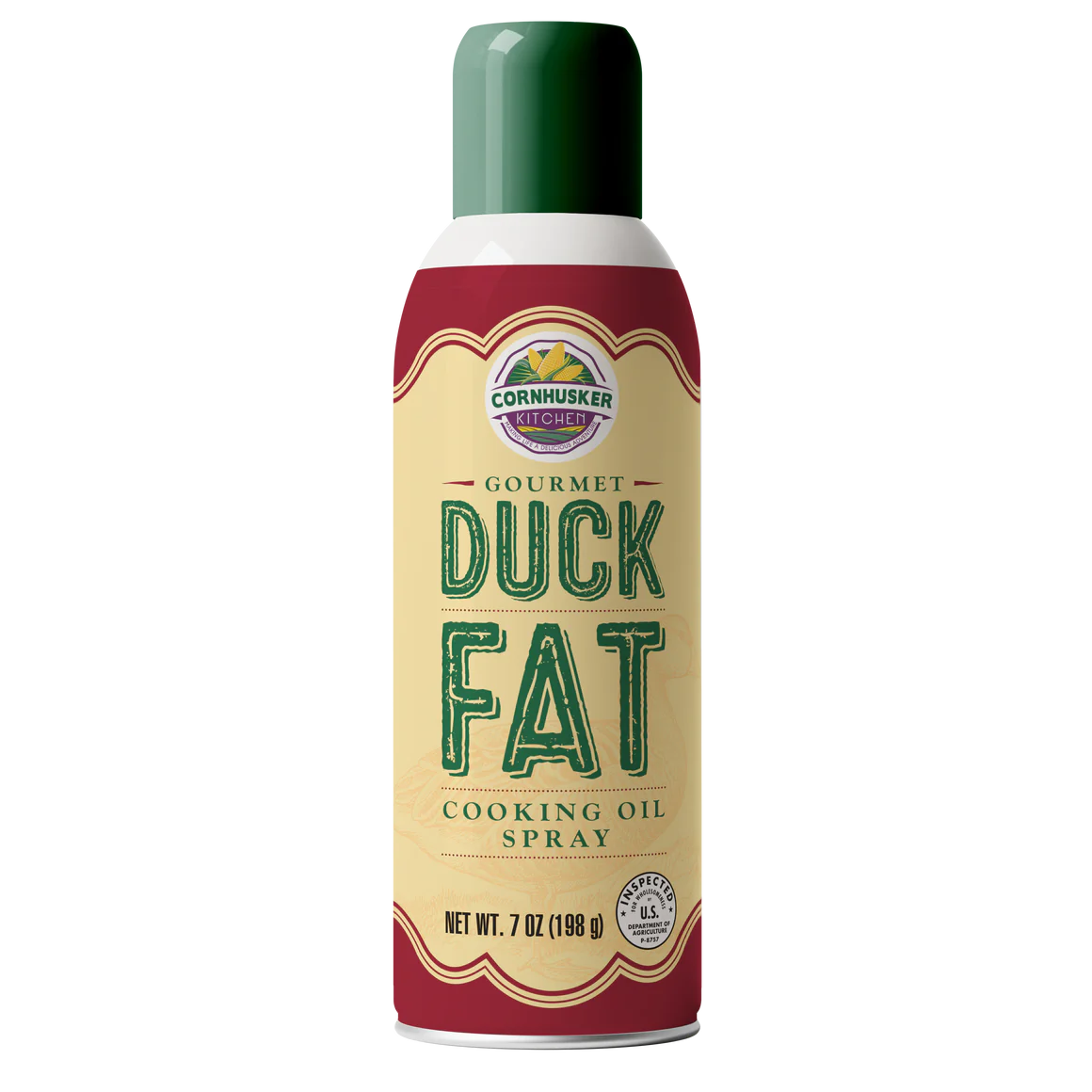 Can of Cornhuskers Kitchen gourmet duck fat cooking oil spray with green cap and red accents