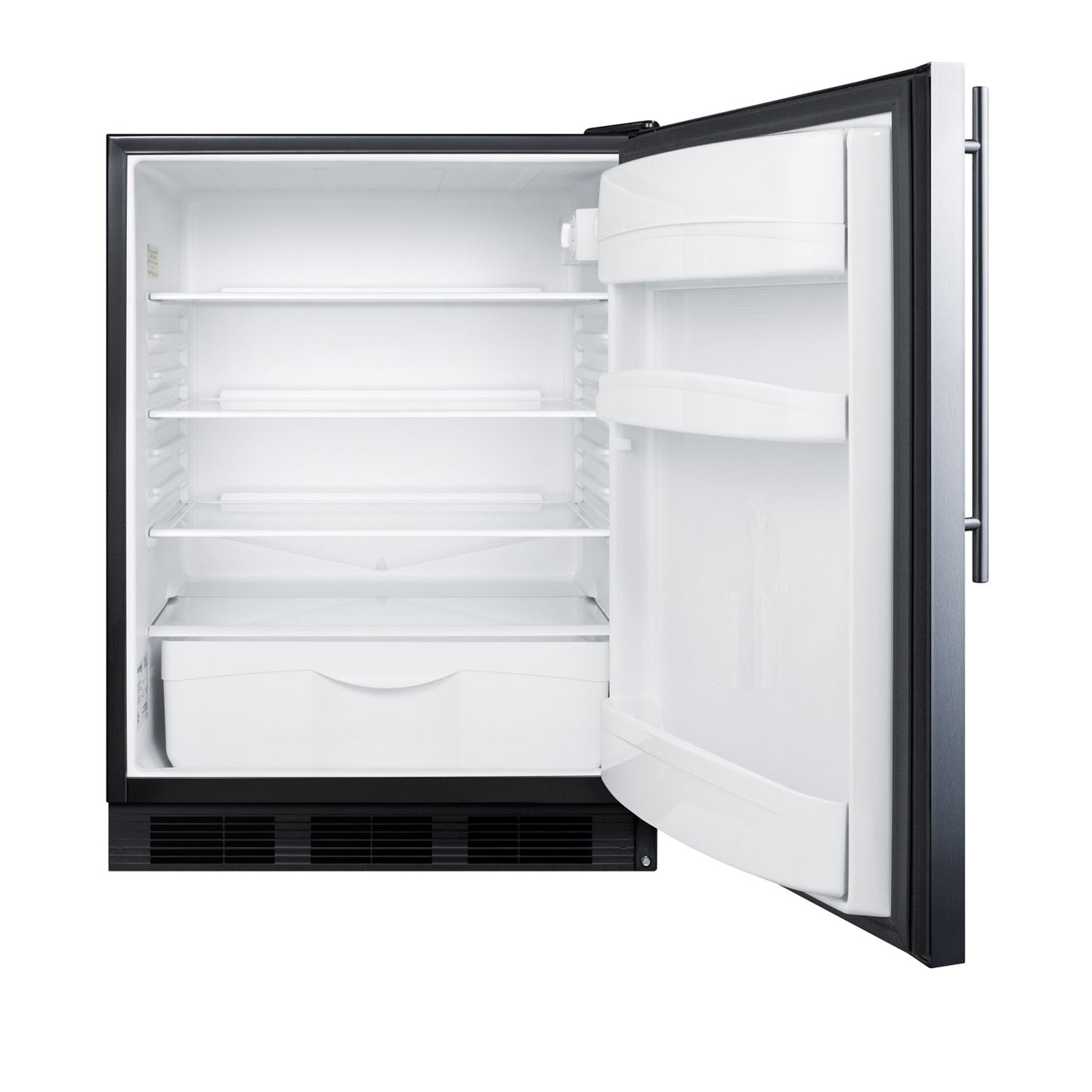 Open built-in undercounter refrigerator in black with white interior shelves and crisper drawer for kitchen appliances