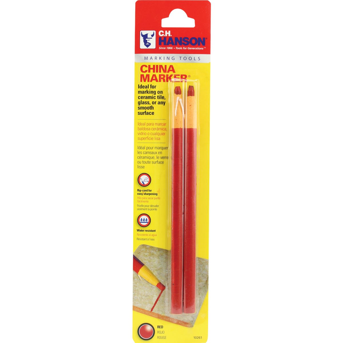 Two red China marker pencils in plastic packaging designed for marking smooth surfaces in tools and home improvement tasks