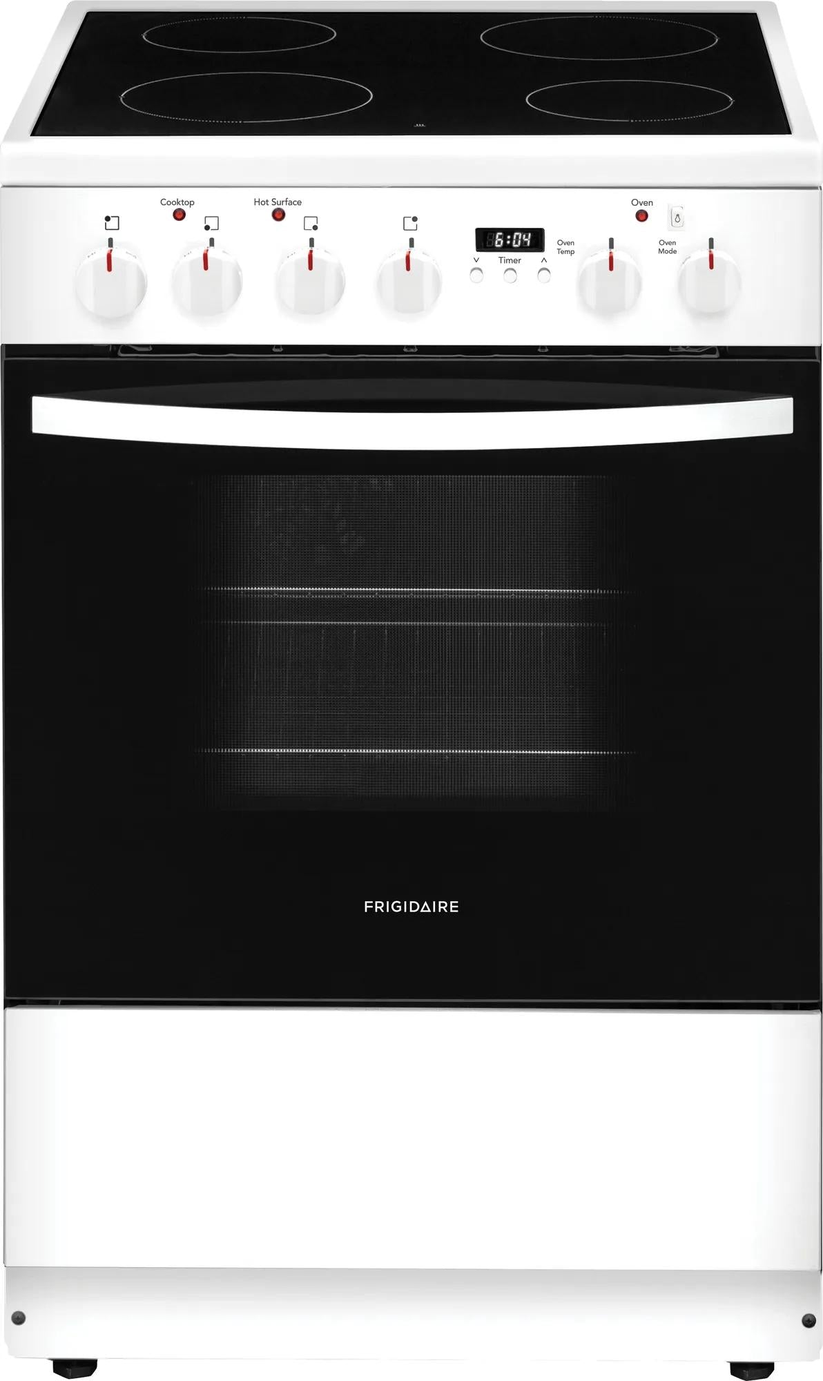 White freestanding electric range with smooth glass cooktop and control knobs in appliances and kitchenware collection