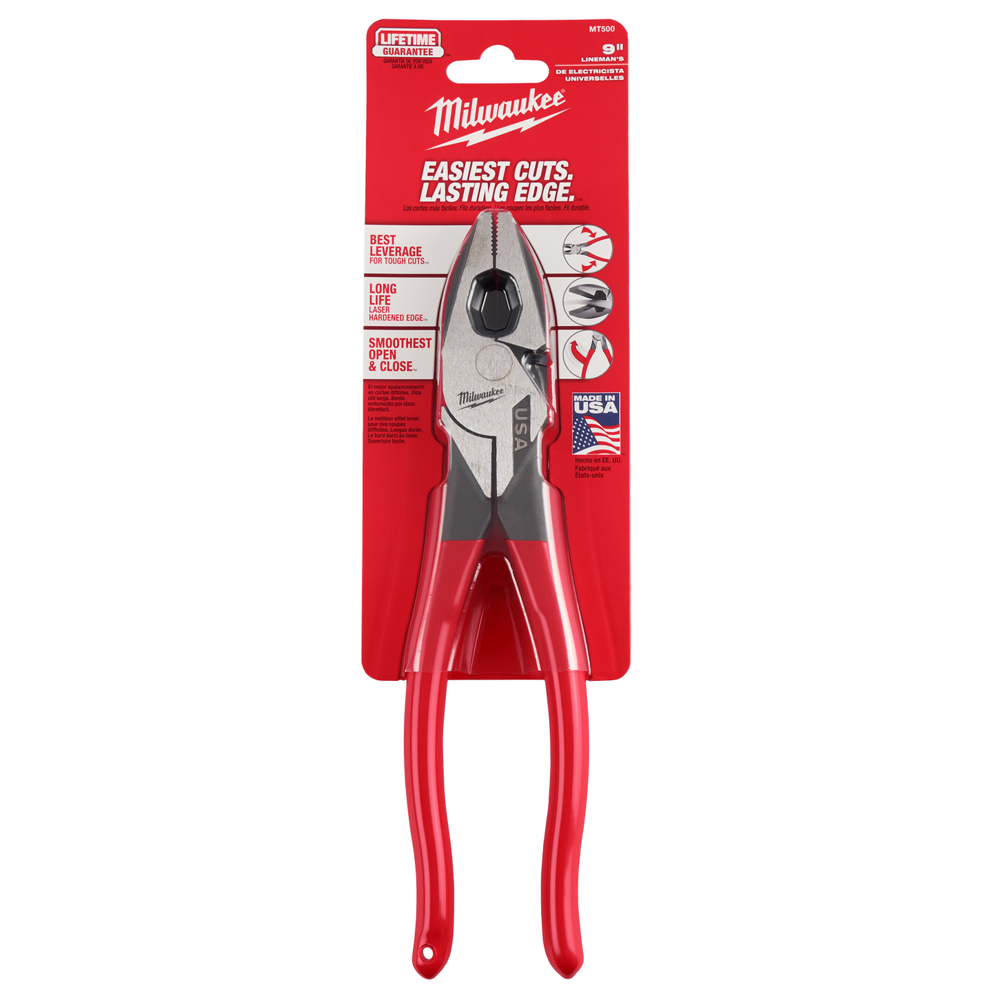 9-inch Milwaukee lineman pliers with red dipped handles and durable steel head for tools and home improvement tasks