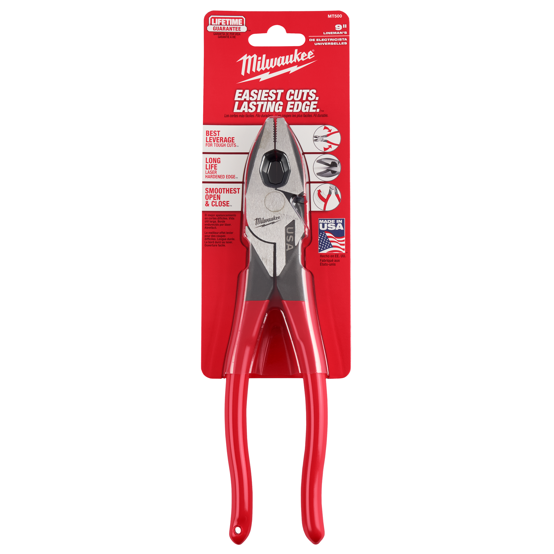 9-inch Milwaukee lineman pliers with red dipped handles and durable steel head for tools and home improvement tasks