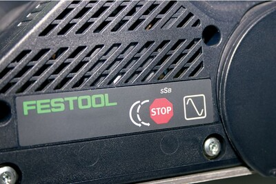 Close-up of the Festool planer control panel with stop button and branding for tools and home improvement use