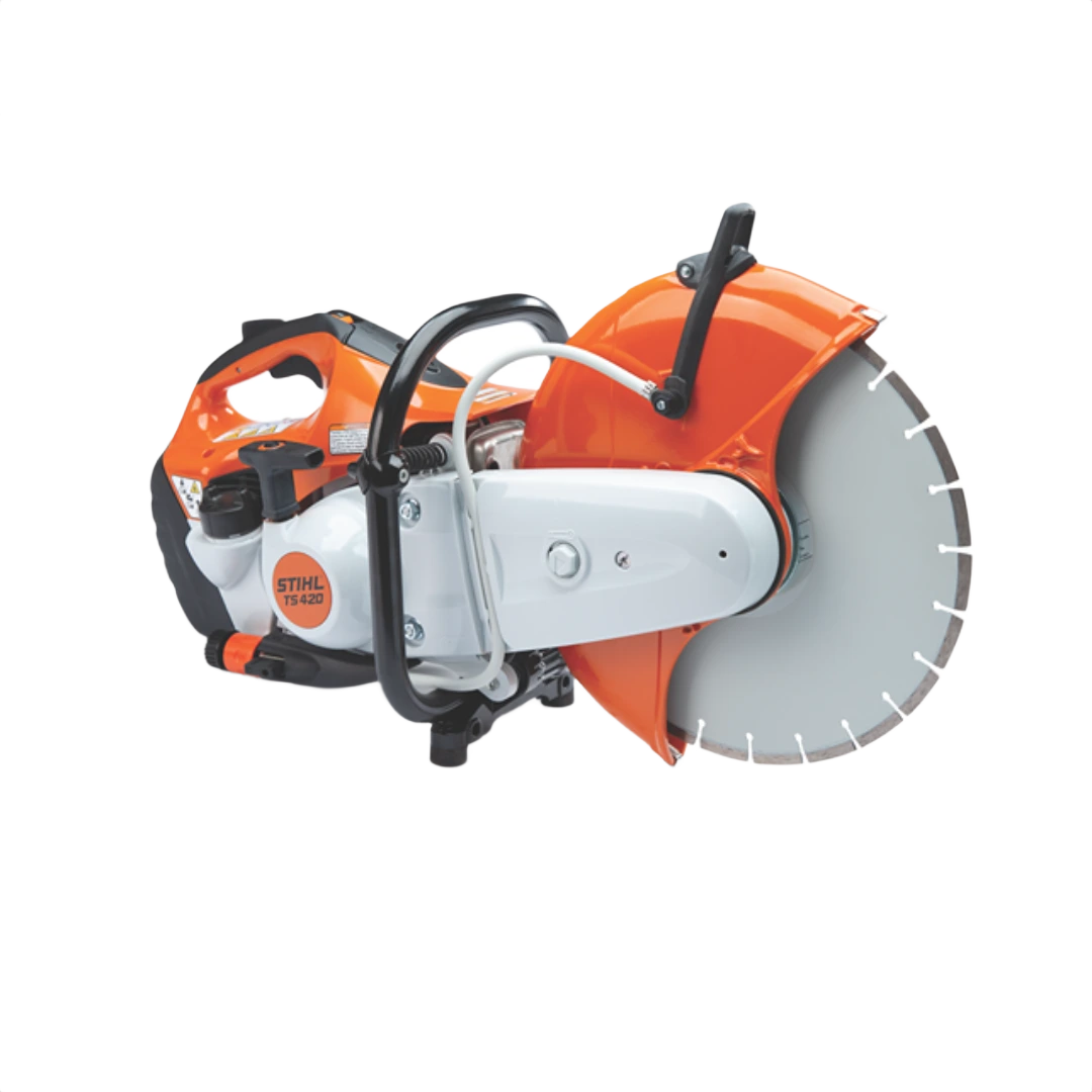 Orange and white STIHL TS 420 power cutter with 14-inch blade designed for heavy-duty tools and home improvement use